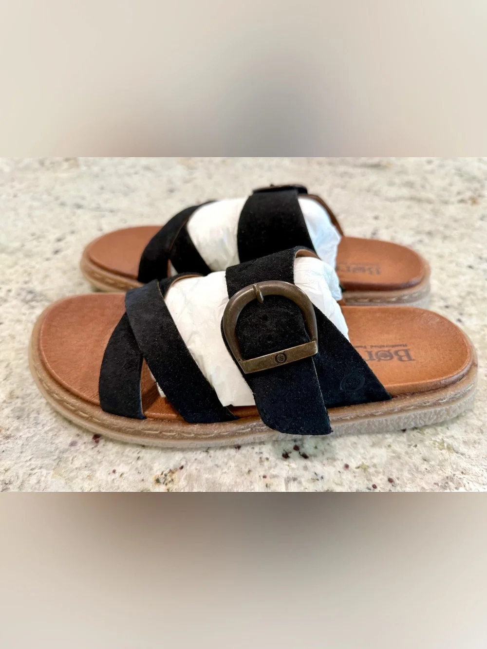 Born Black Suede Crisscross Buckle Slide Sandals NWOT
